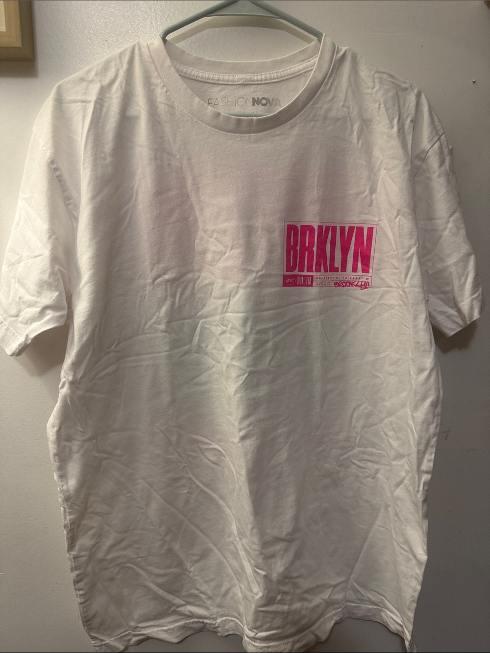 Fashion Nova Oversized White Tee with Pink BRKLYN Chest Graphic